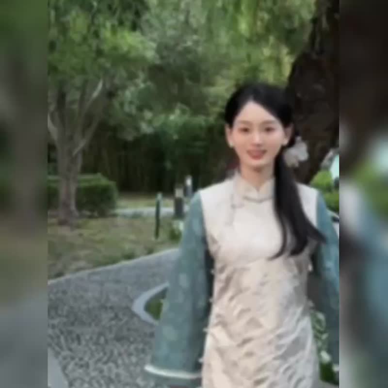 提花假兩件長款旗袍 復古中式改良民國風拼接秋冬旗袍 - 旗袍 - 其他人造纤维 绿色