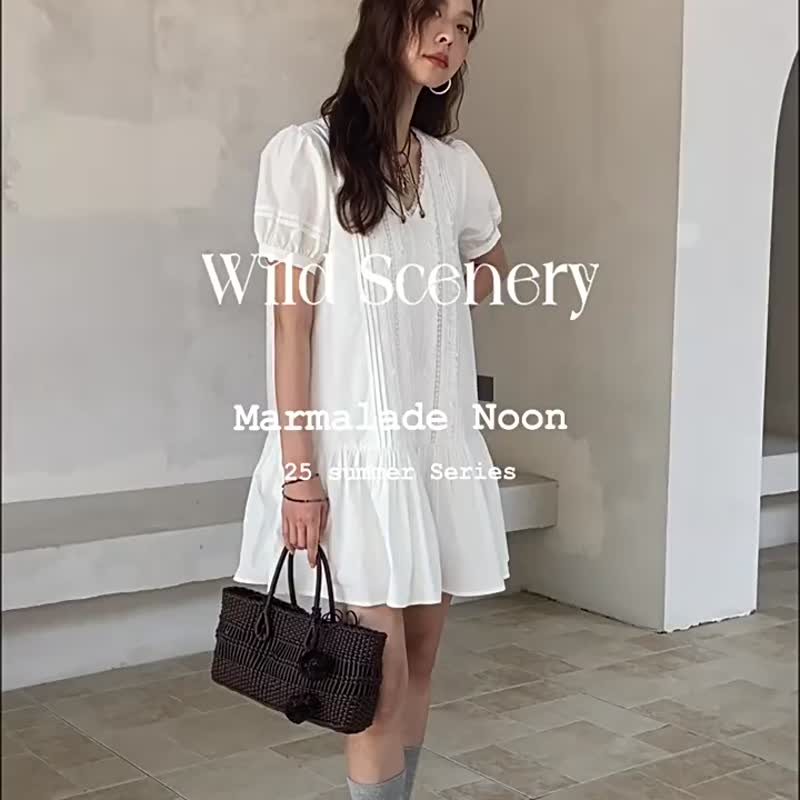 雲隙白 月色拓本 法式浪漫V領蕾絲洋裝 花邊短款連身裙襯衫裙 - 洋装/连衣裙 - 棉．麻 白色