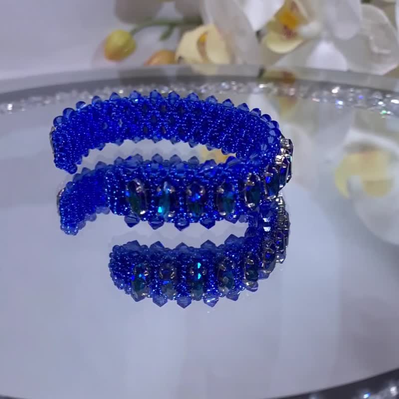 水晶印度风格手镯 闪耀袖口手链 复古串珠饰品 - 手链/手环 - 玻璃 蓝色