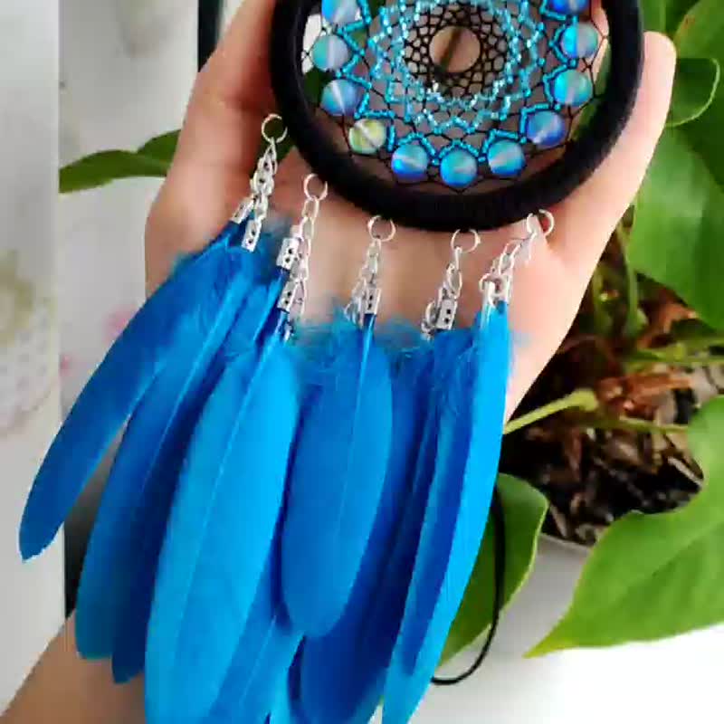 Black blue dream catcher with opal glass beads / Small car view  mirror hanger - 墙贴/壁贴 - 水晶 蓝色