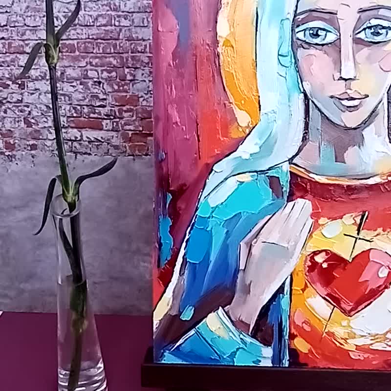 Immaculate Heart of Virgin Mary Painting Jesus Artwork 28 by 36cm - 海报/装饰画/版画 - 其他材质 红色