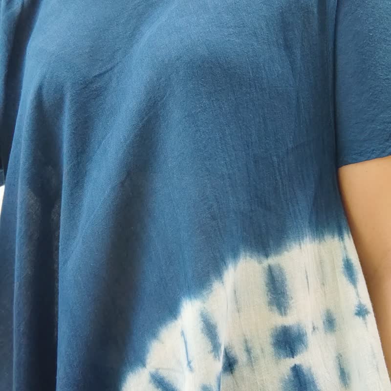 Laury Rainbow -  靛蓝色扎染迷你夏季连身裙 - 洋装/连衣裙 - 棉．麻 蓝色