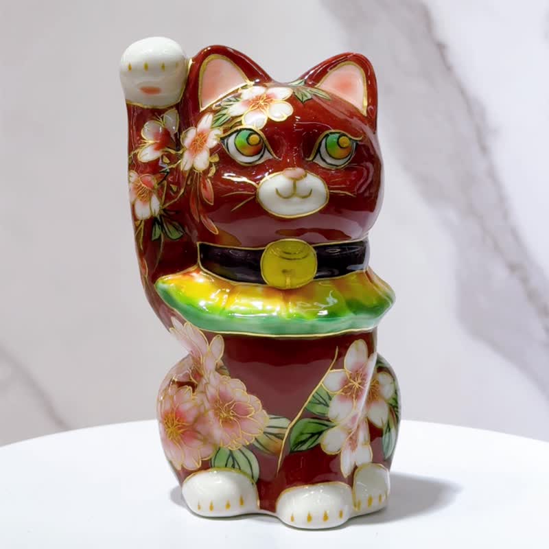 日本清水烧招财猫 | 色绘 - 赤地樱 - 摆饰 - 瓷 红色