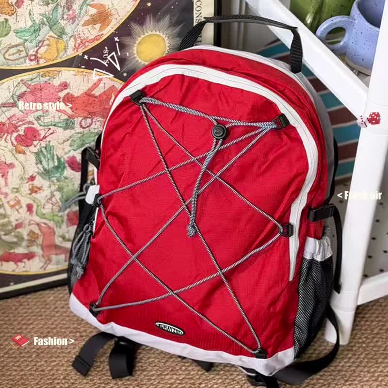 绑绳系列 mini山系工装背双肩包 户外徒步登山迷你款后背包 黑色 - 后背包/双肩包 - 聚酯纤维 黑色