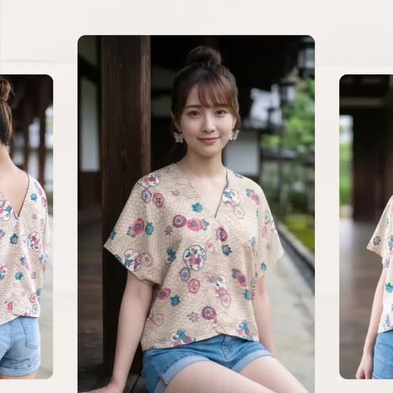 古典和风短版微修身米色日式传统粉红紫色四季花草图腾四角衣罩衫 - 女装衬衫 - 丝．绢 多色