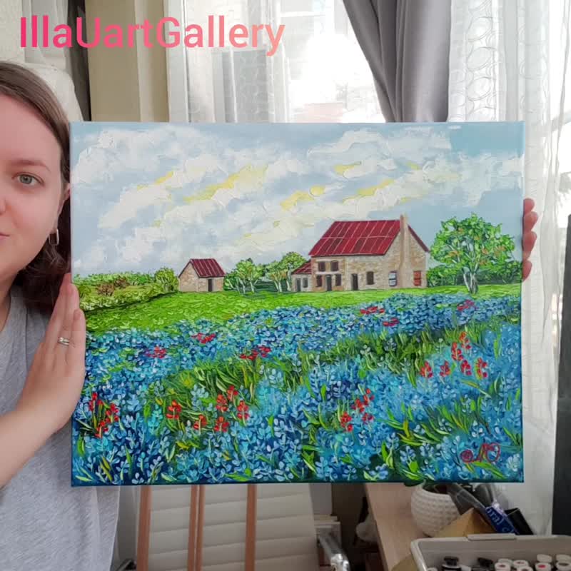 Bluebonnet Painting Texas Original Art Landscape Wall Art Farm Painting Canvas - 海报/装饰画/版画 - 棉 多色