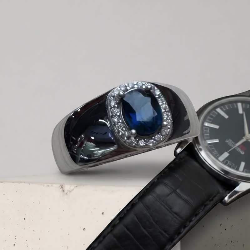 深曜系列天然无烧蓝宝石男戒 0.35ct 蓝宝石 925 纯银绅士戒指 - 戒指 - 银 