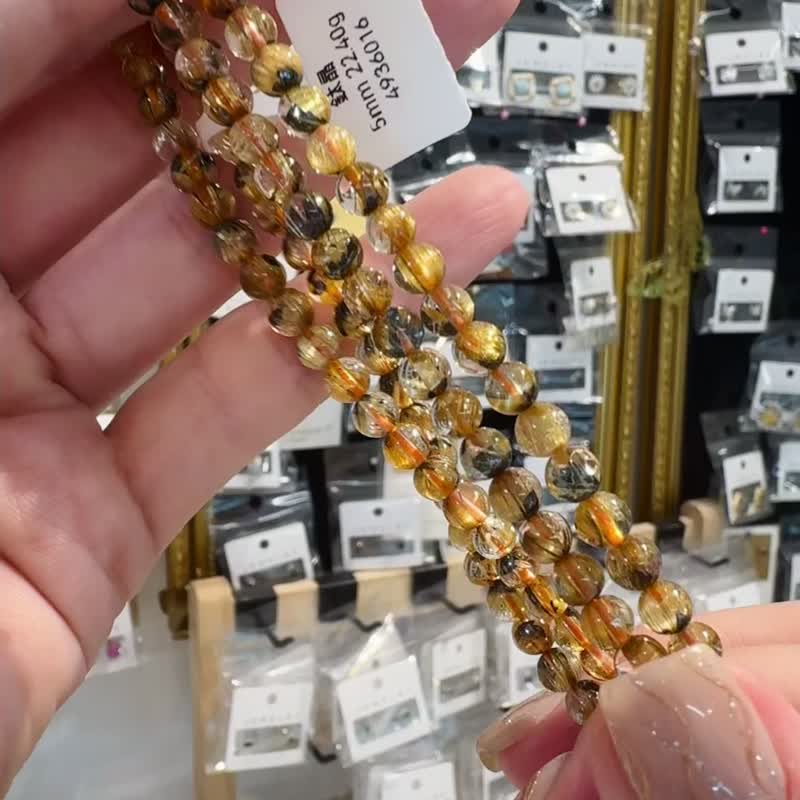 精品金光闪玻璃带母矿金钛晶5mm三圈手链旺事业避邪招正财犯太岁 - 手链/手环 - 水晶 金色