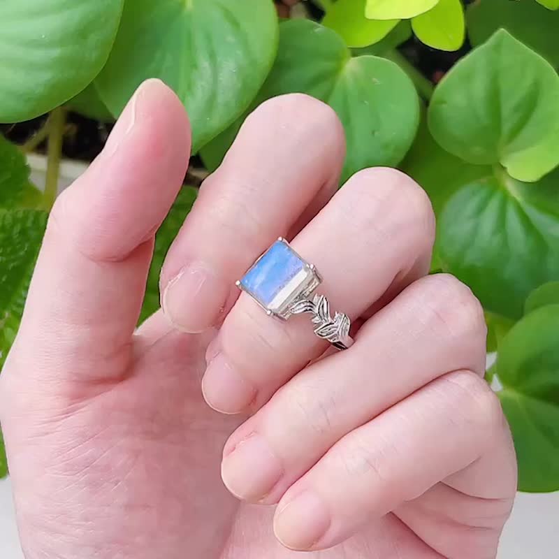 顶级拉长方形宝石 纯银戒指 可调式戒围水晶 - 戒指 - 水晶 蓝色