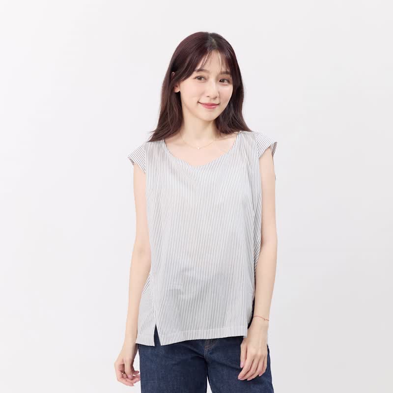 Dolly 簡約棉質夏日無袖小開岔上衣/ 灰白直條 - 女装上衣 - 棉 灰色
