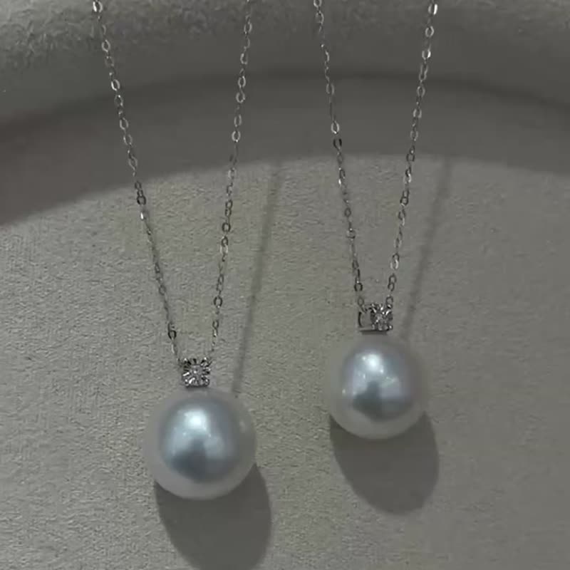 黛妃款澳白珍珠天然海水珍珠9mm12mm耳钉18K金珍珠耳环珍珠项链75 - 项链 - 珍珠 银色