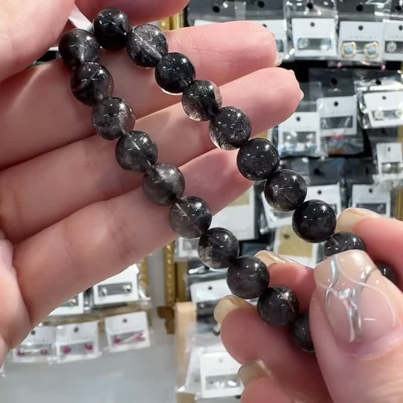 天然浓黑满矿黑武士黑银钛8.5mm20g主招财纳宝驱邪避煞防小人 - 手链/手环 - 水晶 黑色