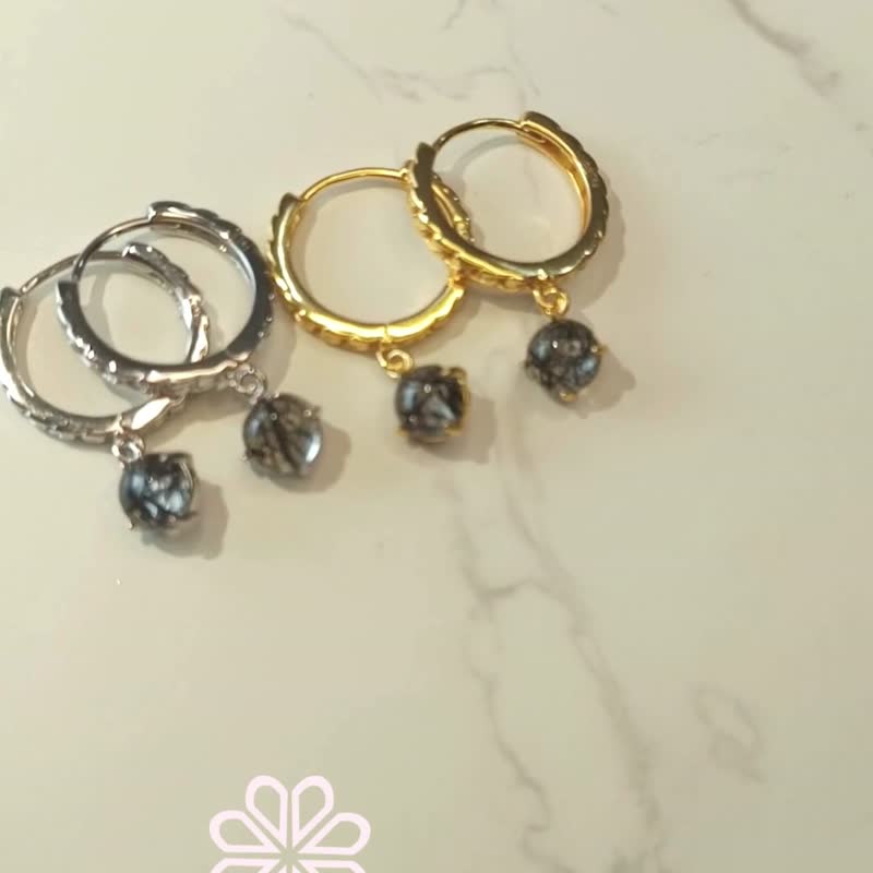 纯天然烟晶圆珠耳环 未经打磨宝石 925纯银材质 - 耳环/耳夹 - 纯银 黑色