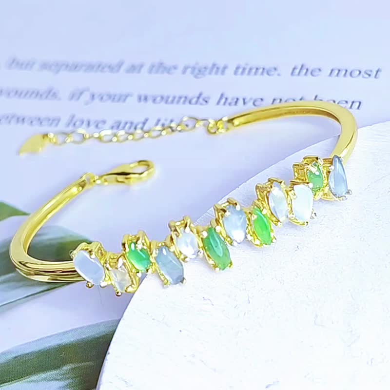 |法式浪漫|缅甸A货翡翠冰玻蓝绿白随形纯银设计款多颗手镯链 - 手链/手环 - 玉石 