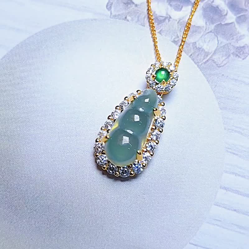 超值福利|连中三元|A货翡翠高冰蓝水小豆子14mm纯银镀18k黄吊坠 - 项链 - 玉石 