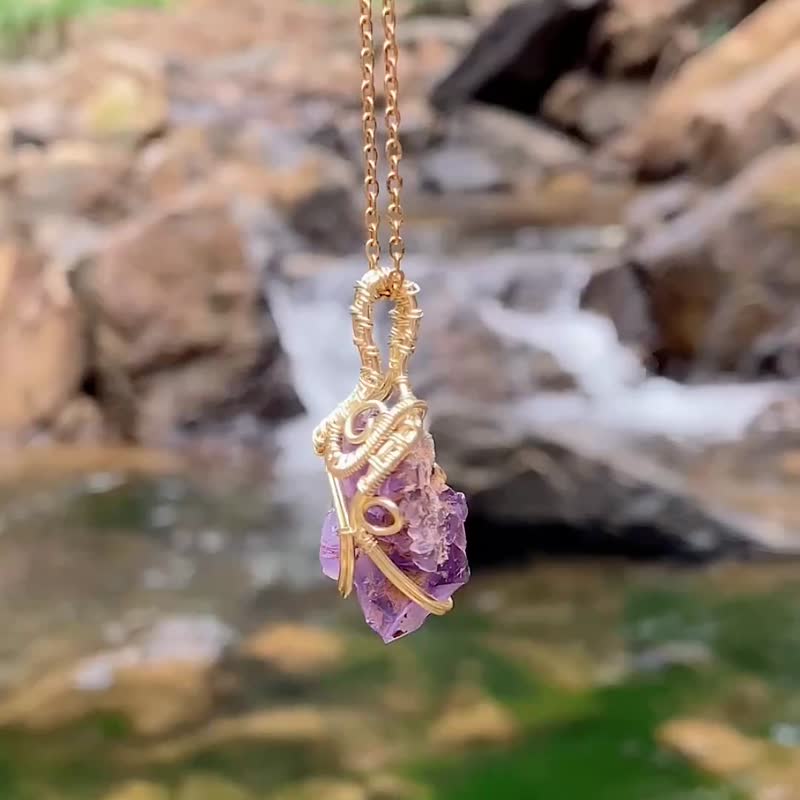 紫水晶晶簇项链 | 眉心轮疗愈水晶 | 手工编织吊坠 | 增强灵修感 - 项链 - 水晶 紫色