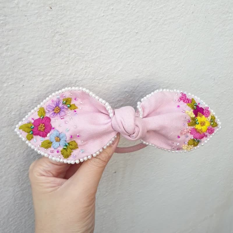 手绣亚麻蝴蝶结发圈, 发饰, 蝴蝶结发饰, Hair accessories - 发饰 - 亚麻 紫色