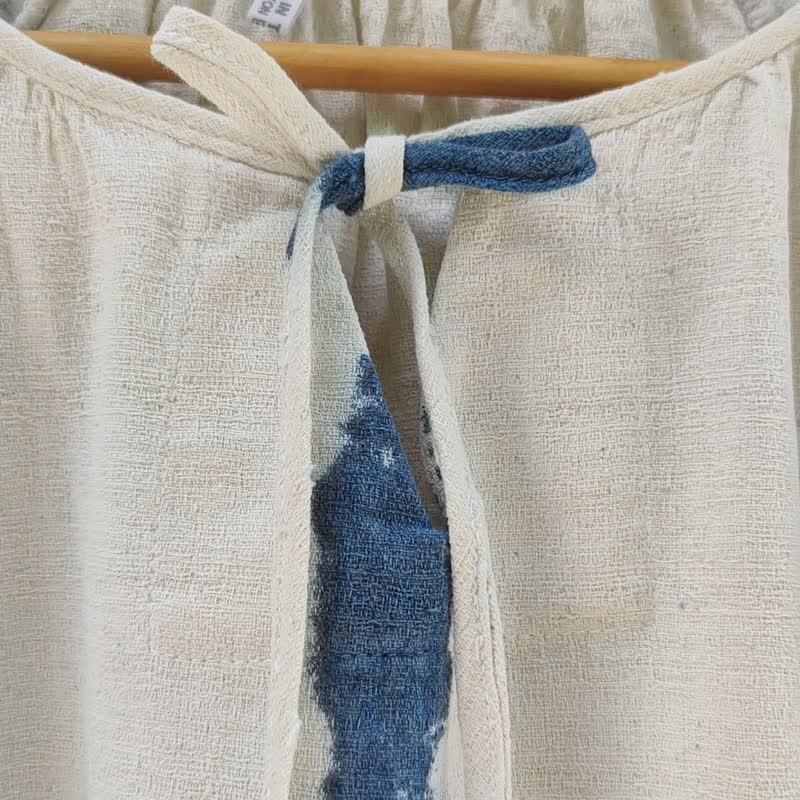 Gathered Neckline White -  长袖靛蓝色扎染衬衫 - 女装上衣 - 棉 白色