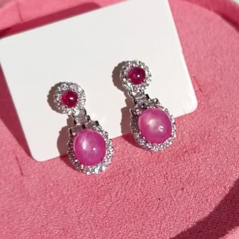 Rosen'marry/红宝石蓝宝石垂坠耳环 纯银 925 - 耳环/耳夹 - 纯银 红色