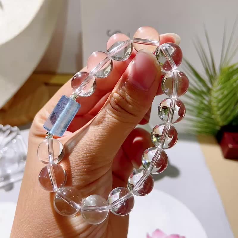 天然白水晶A级手链 规格12毫米 搭配天然海蓝宝桶珠 s925银 - 手链/手环 - 水晶 