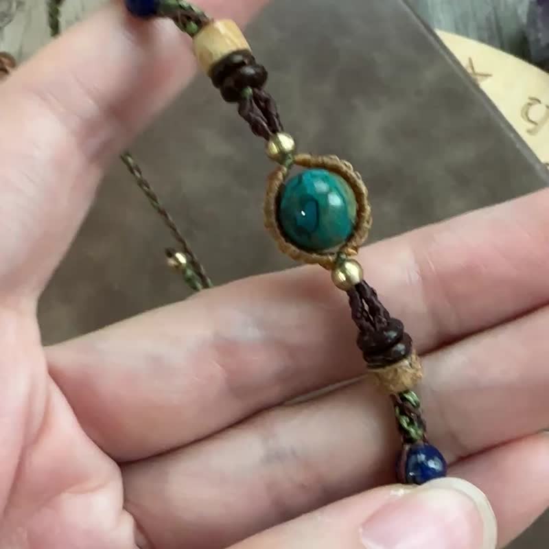 BB115 民族风 蜡线编织 凤凰石 青金石 铜珠 手环 (可调长度) - 手链/手环 - 宝石 咖啡色
