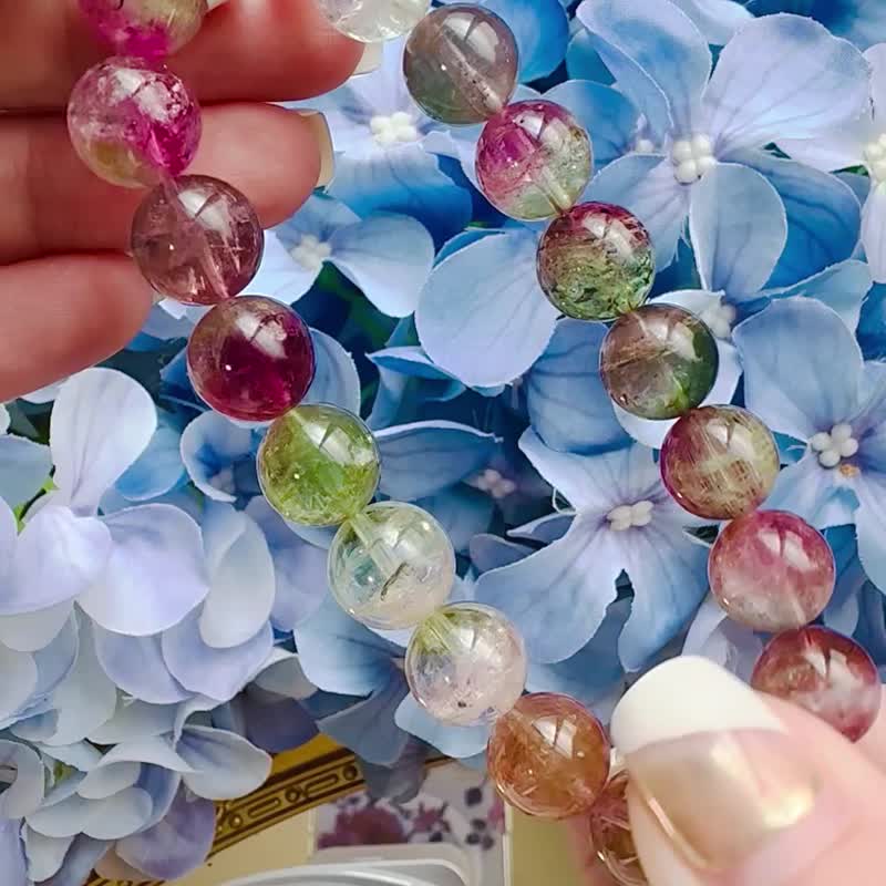 天然小清新西瓜碧玺 10.5mm36.78g 冰透浓彩带共生高频磁场旺夫石 - 手链/手环 - 水晶 多色