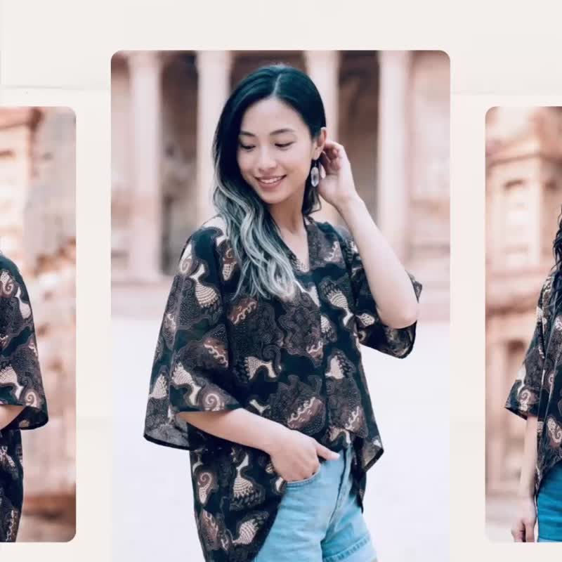 前短后长峇里纱民俗风蜡染图腾宽版遮臀中长版罩衫四方衣 - 女装衬衫 - 棉 咖啡色