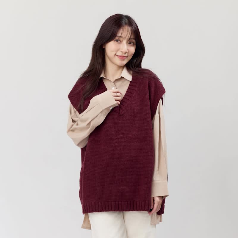 Denise V領小岔寬版背心/棗紅 - 女装针织衫/毛衣 - 其他人造纤维 红色