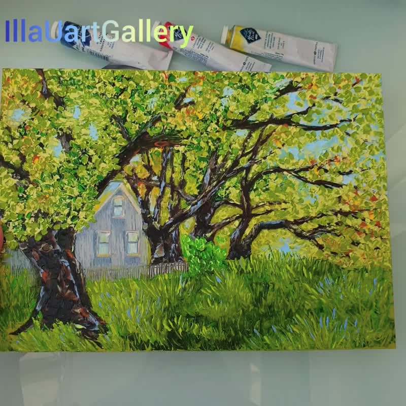 Trees Painting Farm Original Art Landscape Wall Art Cottage Impasto Oil Painting - 海报/装饰画/版画 - 其他材质 多色
