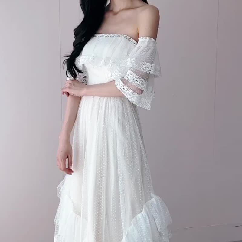 Dahlia Blanc 独家设计 复古层叠式波点香槟婚纱 - 晚装/礼服 - 聚酯纤维 白色