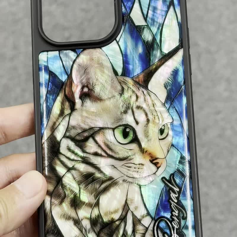 猫 天然贝壳 iPhone 16 耐冲击保护套 花窗玻璃 可定制名字 051B - 手机壳/手机套 - 贝壳 蓝色
