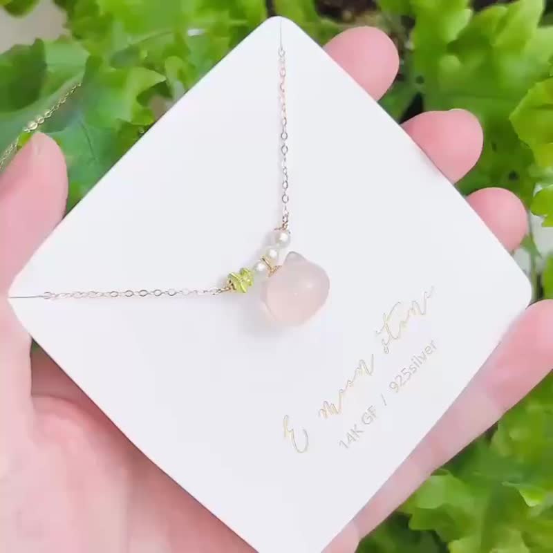 学会温柔对待自己 /  立体猫猫脑袋瓜 天然石粉晶项链 14K 注金 - 锁骨链 - 水晶 粉红色