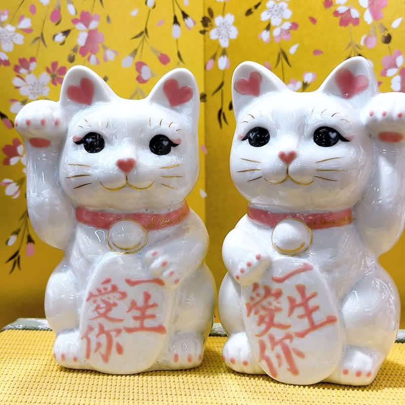 【恋人一对】日本清水烧招财猫 | 花结晶 - 一生爱你 - 摆饰 - 瓷 白色