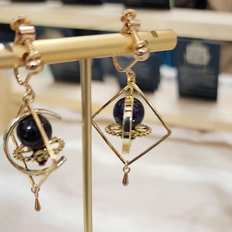 星球概念 天然石几何耳环 镀真金耳夹 耳针 - 耳环/耳夹 - 其他金属 金色