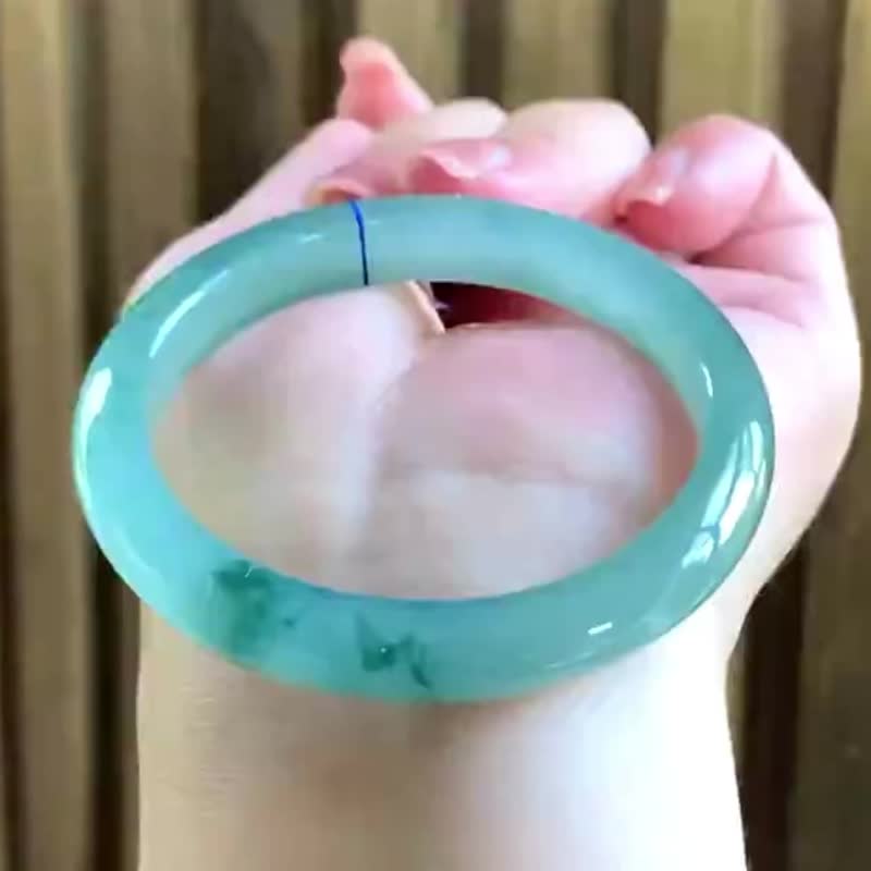 冰种翡翠天然翡翠玉镯A玉手镯 玉鈪 • 冰种湖蓝绿飘花翡翠福镯 - 手链/手环 - 玉石 绿色
