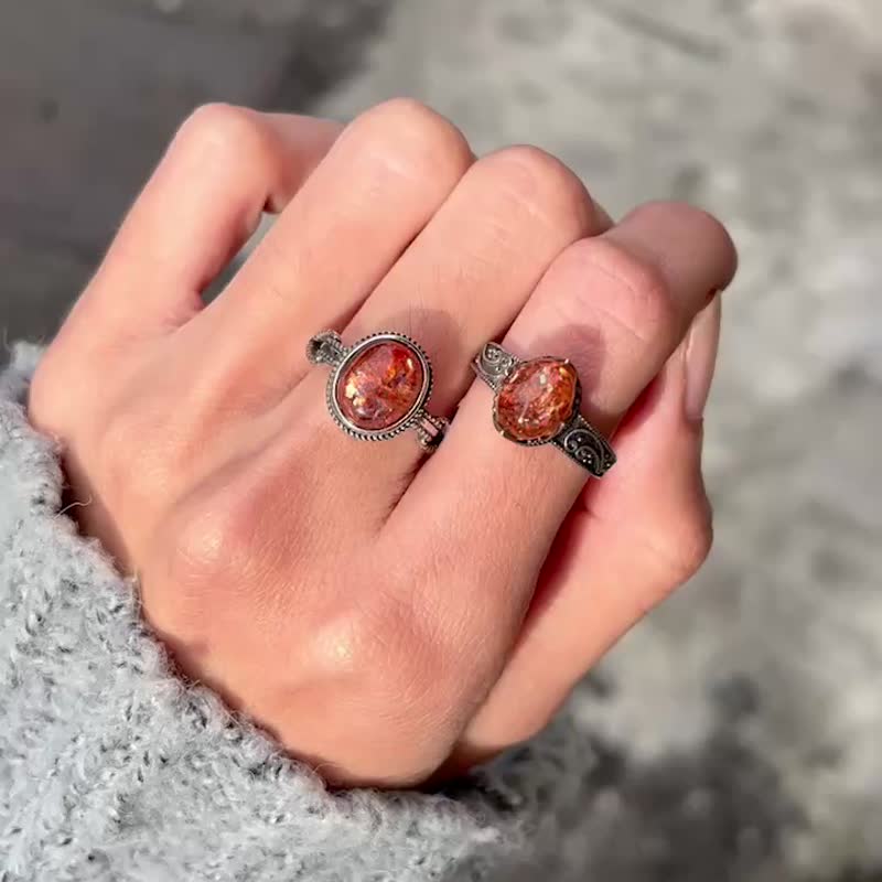 喜迎瑶 925银 金太阳石 太阳石 活口 戒指 手工银饰 复古 民族风 - 戒指 - 水晶 银色