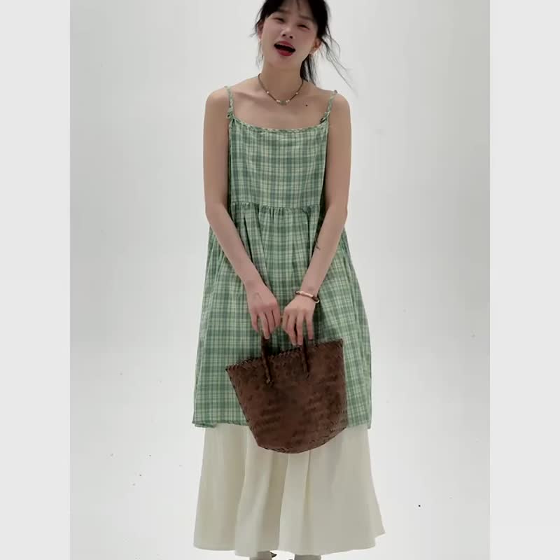 綠色格紋 甜美少女減齡吊帶洋裝 小清新格子細肩帶連身裙 - 洋装/连衣裙 - 棉．麻 绿色