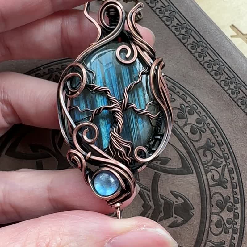 WW251 全手工编织 绕铜线复古做旧 wire wrap 生命之树拉长石吊咀 - 项链 - 铜/黄铜 咖啡色