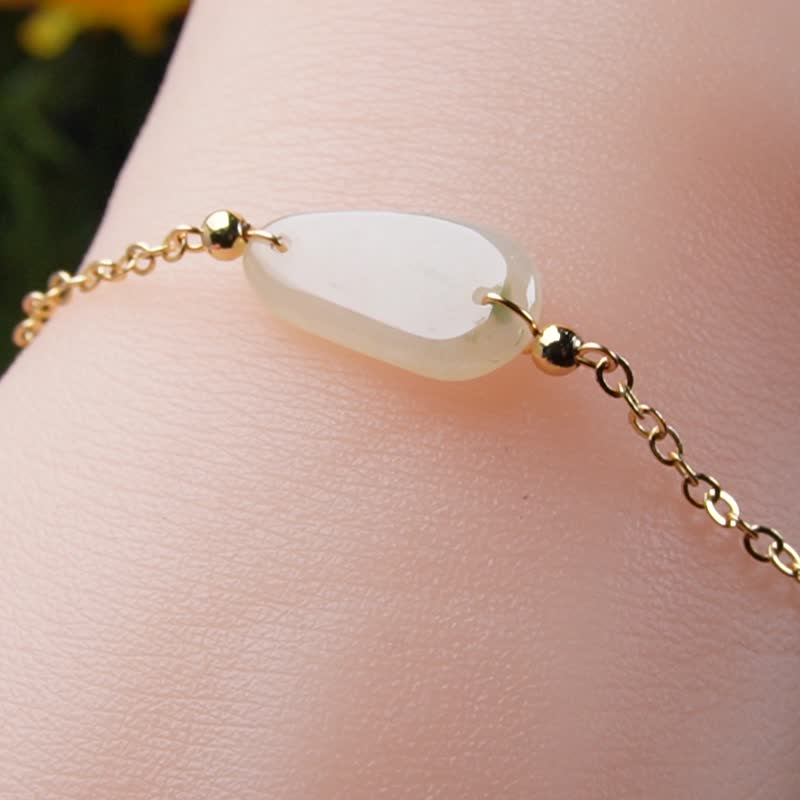 冰种翡翠随形手链 14K包金 | 天然缅甸玉A货翡翠 | 送礼 - 手链/手环 - 玉石 白色