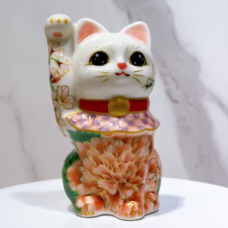 【玉映华彩】日本清水烧招财猫 | 色绘 白地 牡丹椿樱 - 摆饰 - 瓷 多色