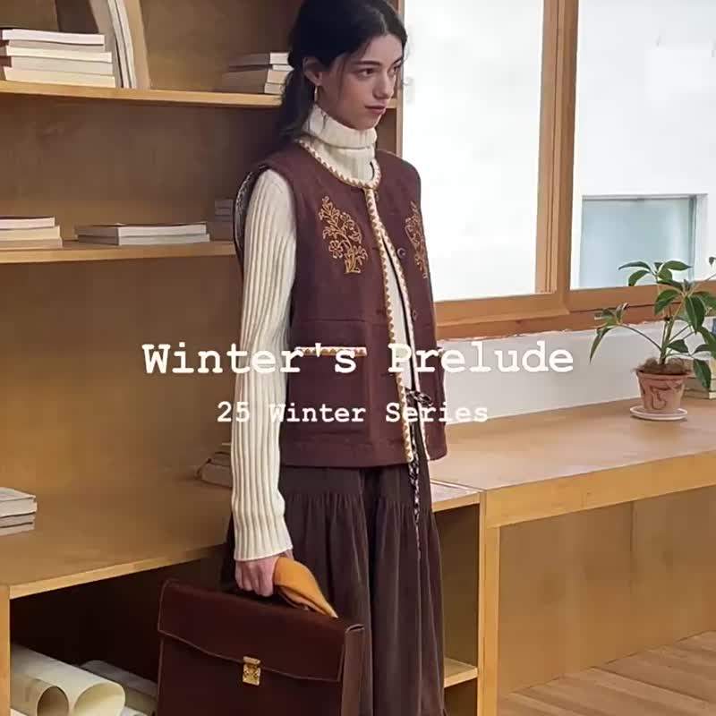 棗褐色 城野牧歌 復古花卉刺繡羊毛馬夾 混紡圈圈撞色圓領馬甲 - 女装针织衫/毛衣 - 羊毛 咖啡色