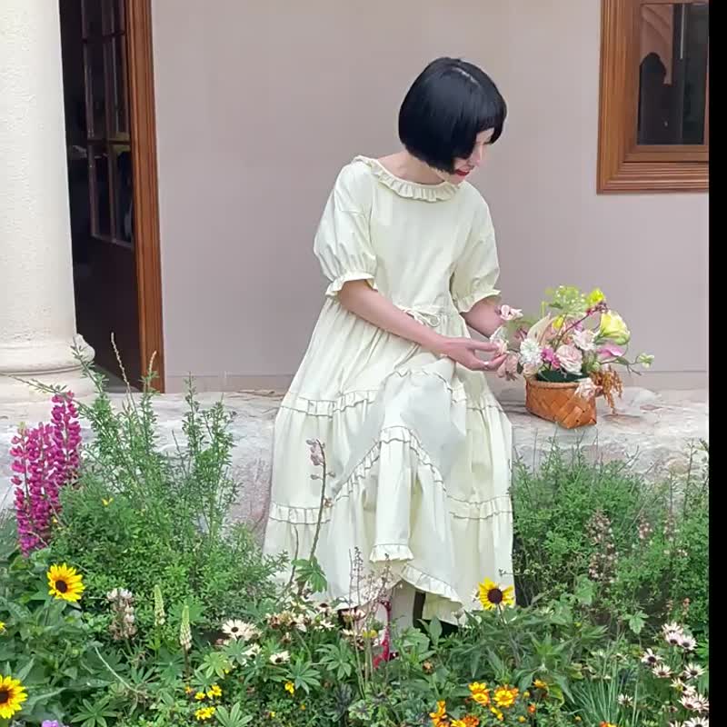 奶酪黃色 宮廷少女木耳花邊寬松洋裝 重工蛋糕連身裙女短袖蓬蓬裙 - 洋装/连衣裙 - 棉 黄色