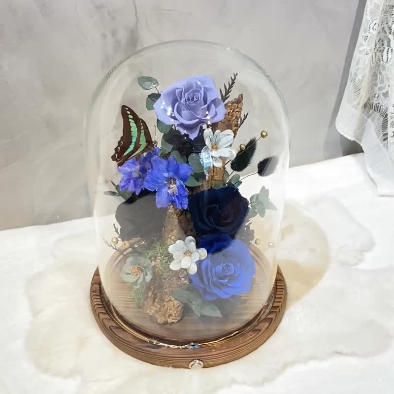 蓝 蝴蝶标本 小夜灯 永生花 玻璃盅(大) - 干燥花/捧花 - 植物．花 蓝色