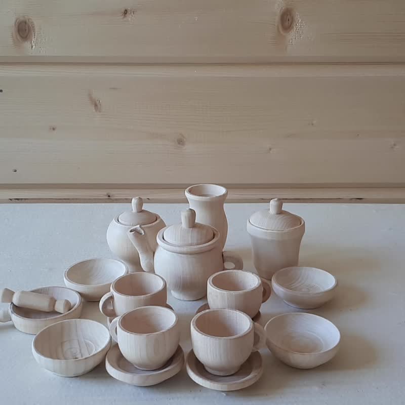 Wooden tea set Montessori Baby Toys Play kitchen Baby gift Wood toy - 玩具/玩偶 - 木头 白色