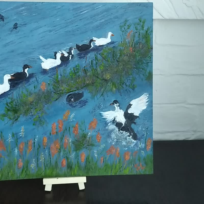 Oil Painting Wild Ducks Original Art Summer Day Wall Art Pond Migratory Birds - 海报/装饰画/版画 - 其他材质 蓝色