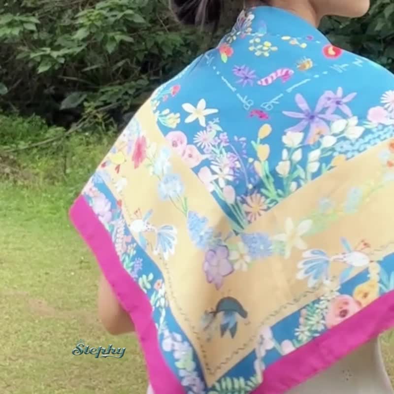 【大丝巾精美礼盒】春语蓝底花大丝巾连丝巾扣高雅礼盒 - 丝巾 - 其他材质 
