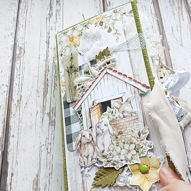 Bunny junk journal handmade Farmlife notebook spring thick farm book - 笔记本/手帐 - 纸 黄色