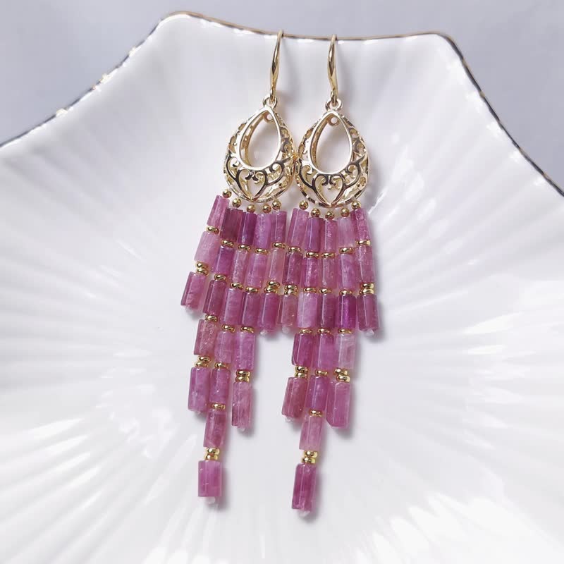 天然红碧玺 流苏 事业成功 大宝石耳环 单品 礼物 收藏 独家 原创 - 耳环/耳夹 - 宝石 红色