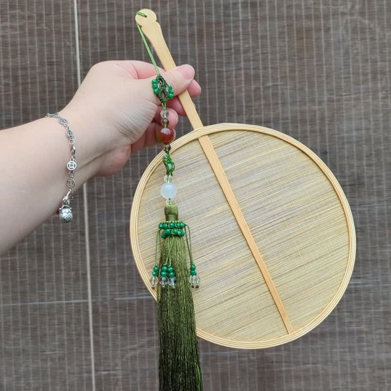扇子竹帘小团扇汉服摄影道具加孔雀玛瑙珠环流苏吊饰 - 扇子 - 半宝石 绿色