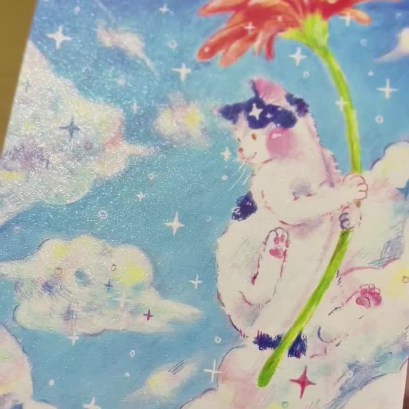 花朵与闪亮猫咪明信片 - 卡片/明信片 - 纸 蓝色